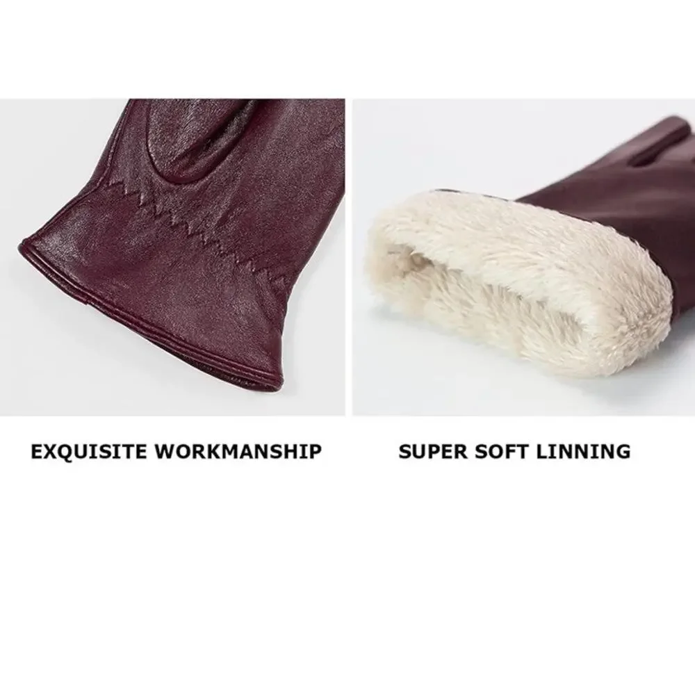 $94 Small 7”  Genuine Leather Burgundy Touch Screen Driving Warm Gloves Women